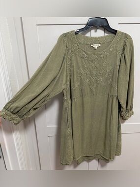 Solitaire Sage Green Embroidered Long Sleeve Tunic Dress with pockets. Size-L